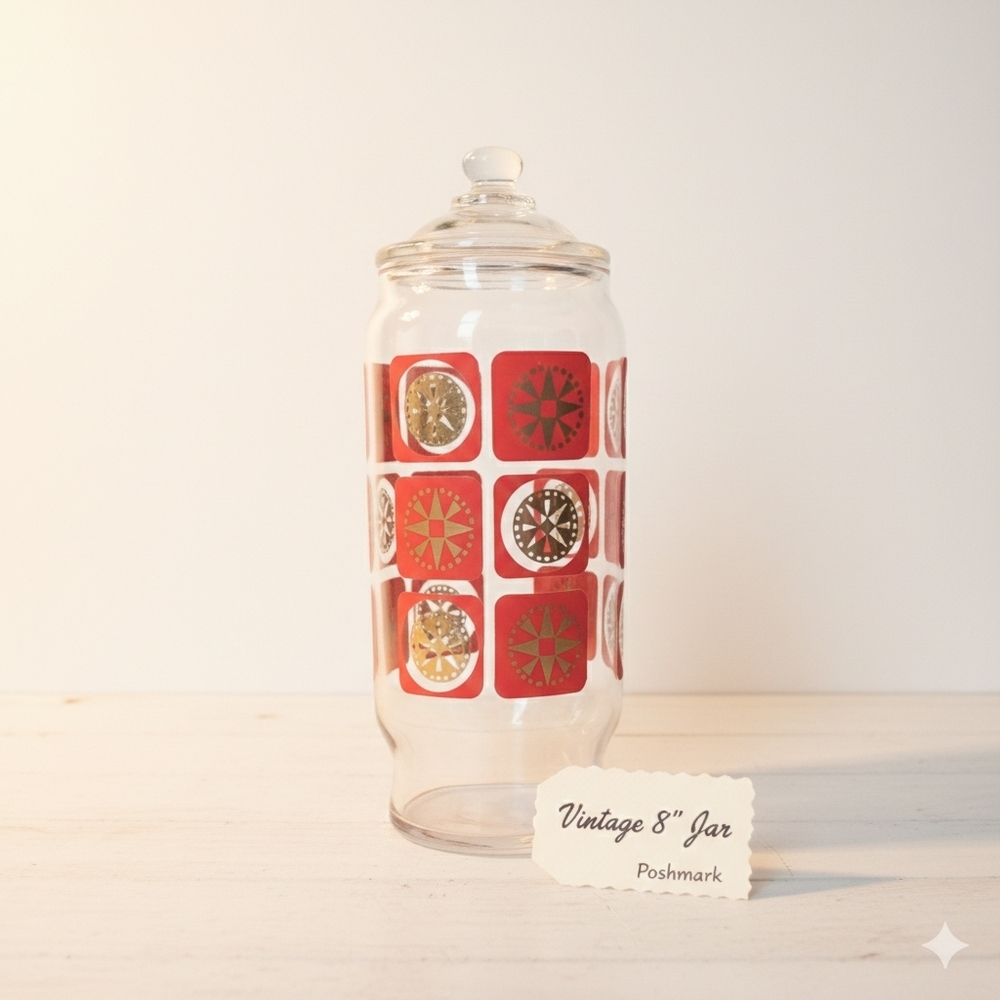 Vintage Mid Century Modern Atomic Glass Apothecary Jar with Lid – Red & Gold